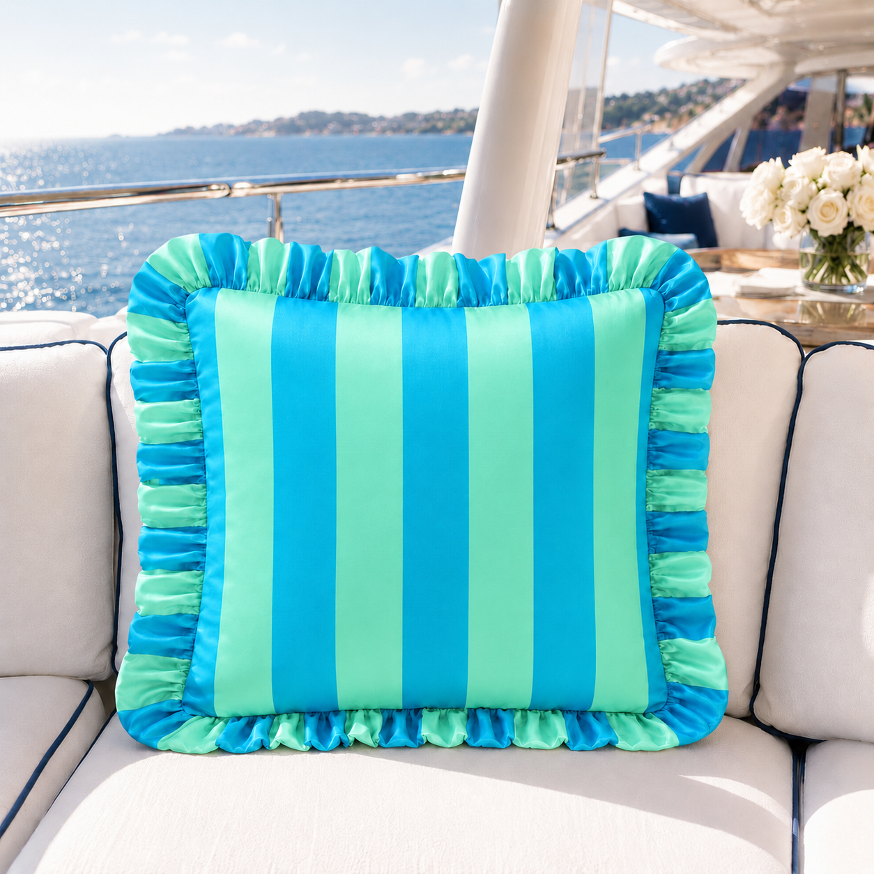 Cuscino Arredo con Rouches Righe Celeste/Tiffany