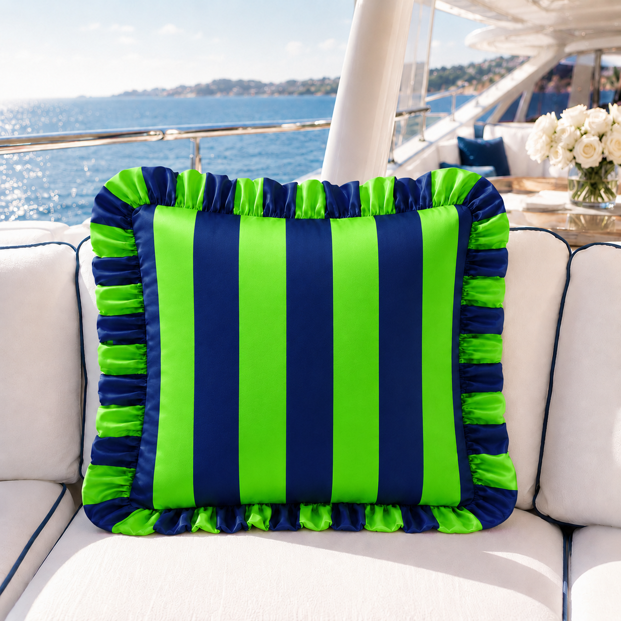 Cuscino Arredo con Rouches Righe Verde Fluo/Blu Notte