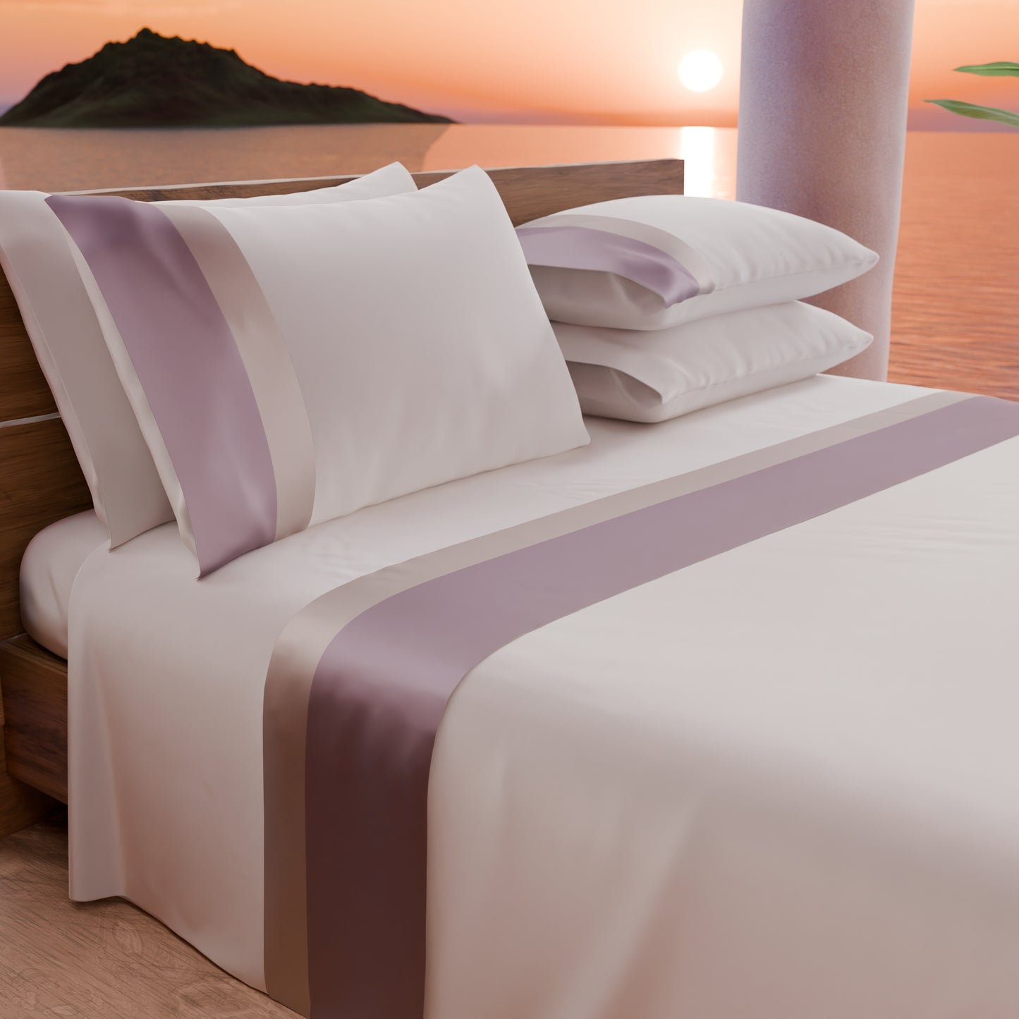 Draps doubles en pur coton percale avec double volant en satin - Poudré