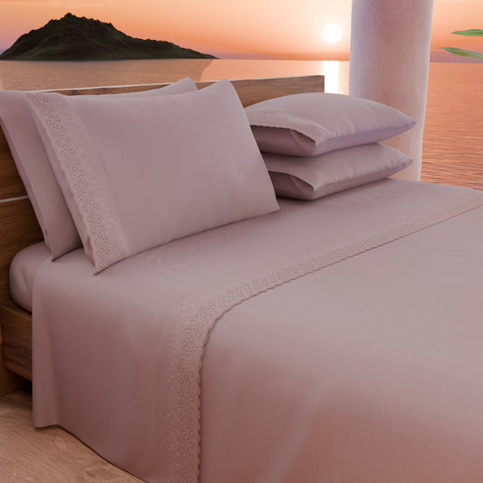 Draps doubles en pur coton percale avec volant en dentelle de San Gallo - Poudré