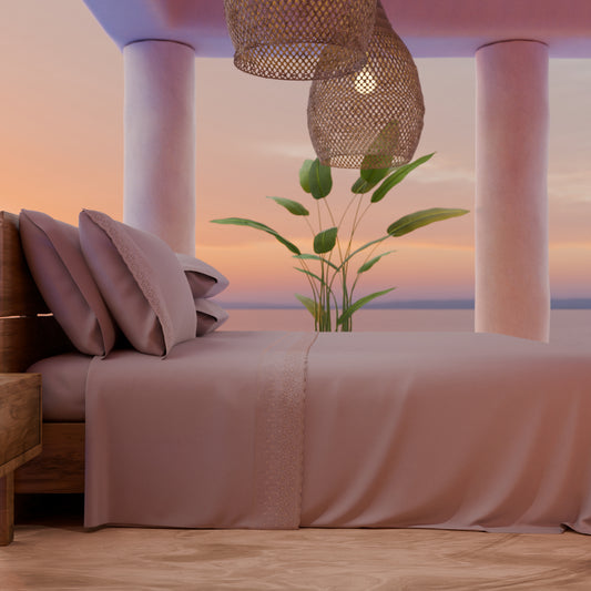 Draps doubles en pur coton percale avec volant en dentelle de San Gallo - Poudré