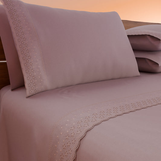 Draps doubles en pur coton percale avec volant en dentelle de San Gallo - Poudré