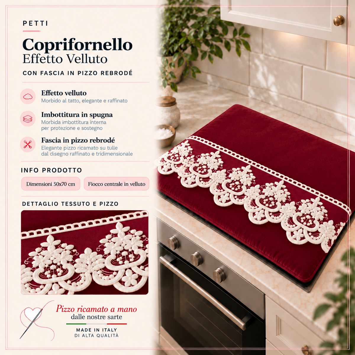 Coprifornello Tinta Unita in Velluto con Pizzo Rebrode Bordeaux