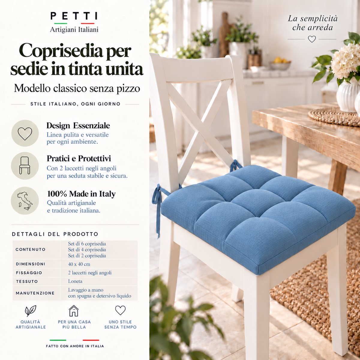Cuscini per Sedie Coprisedia Shabby Chic Tinta Unita Blu Avion