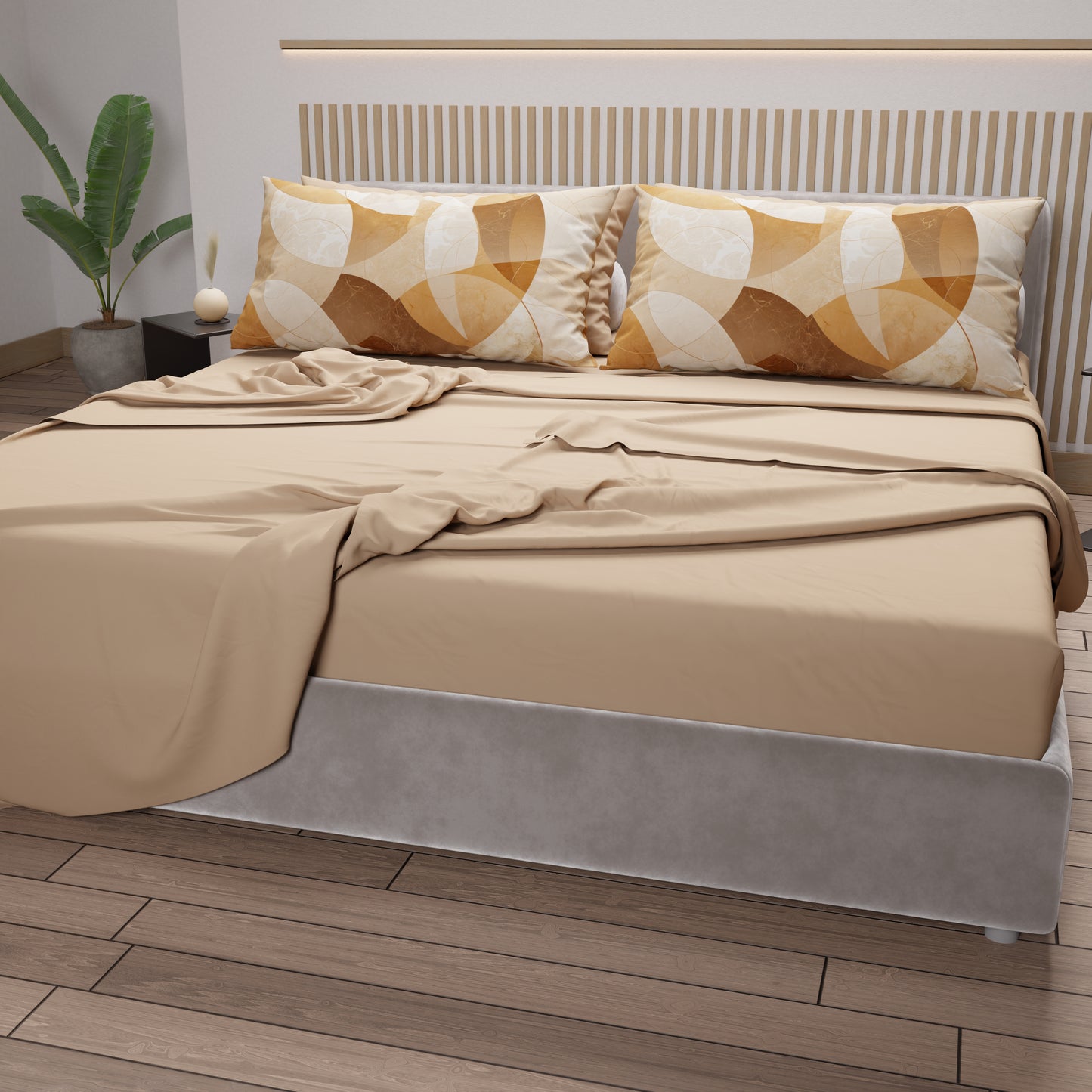 Lenzuola in Cotone, Completo Letto con Federe in Stampa Digitale Geo Cerchio Beige