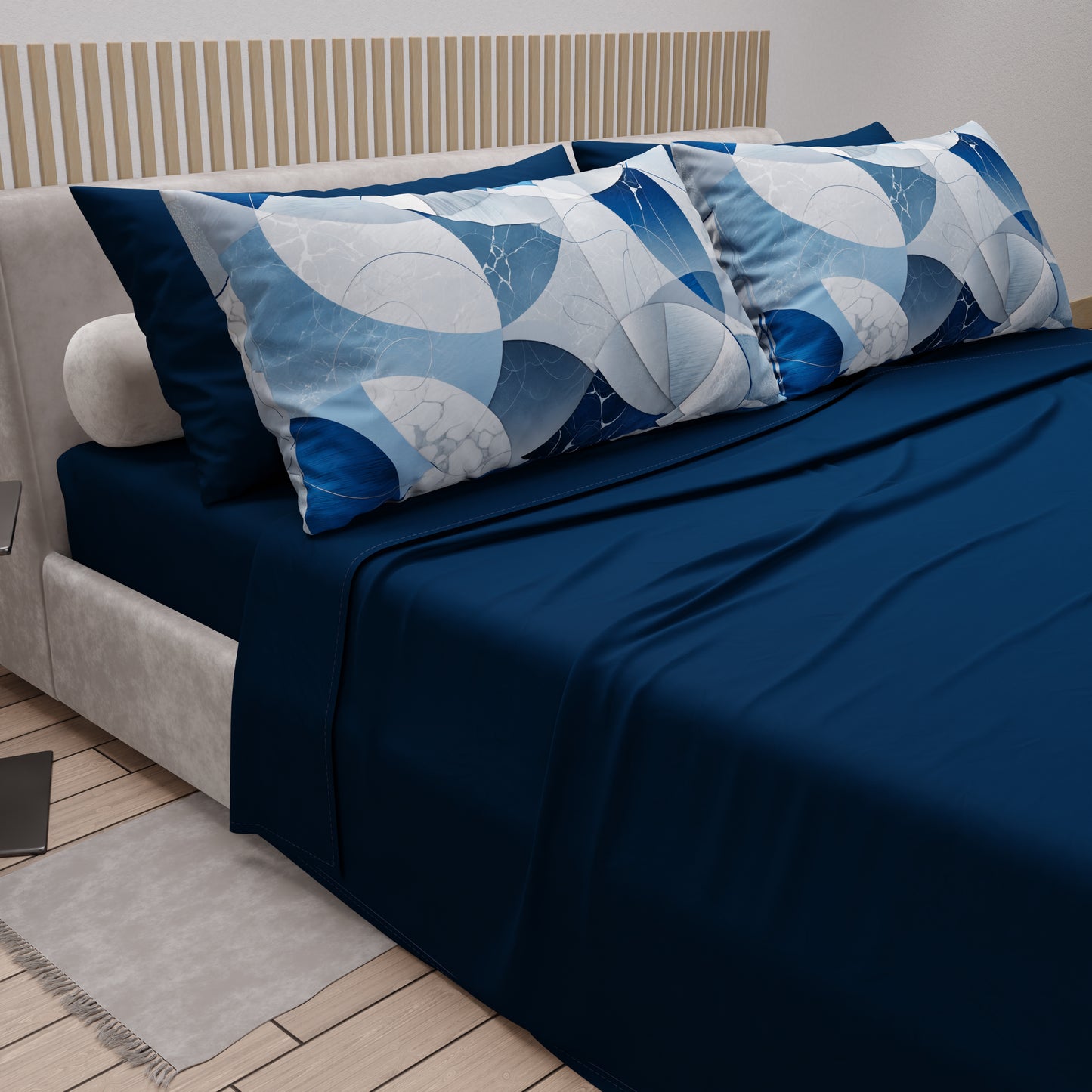 Lenzuola in Cotone, Completo Letto con Federe in Stampa Digitale Geo Cerchio Blu