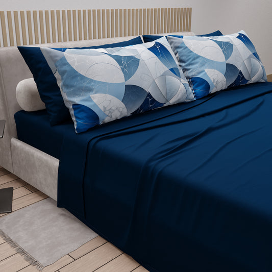 Lenzuola in Cotone, Completo Letto con Federe in Stampa Digitale Geo Cerchio Blu