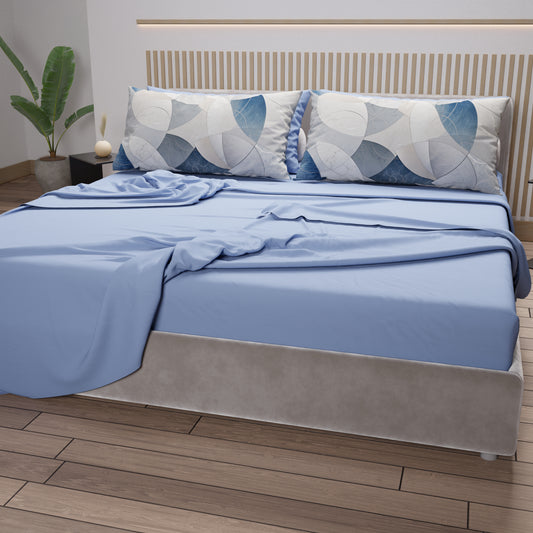 Lenzuola in Cotone, Completo Letto con Federe in Stampa Digitale Geo Cerchio Jeans Celeste