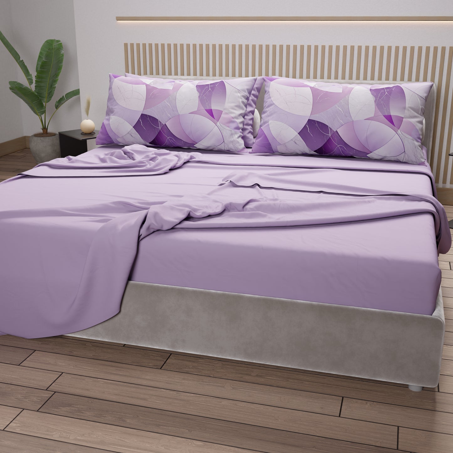 Lenzuola in Cotone, Completo Letto con Federe in Stampa Digitale Geo Cerchio Lilla