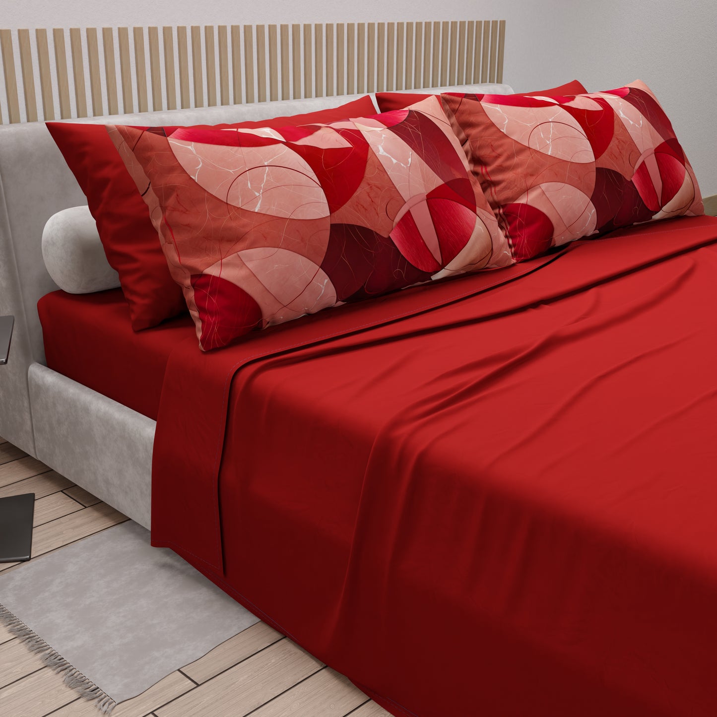Lenzuola in Cotone, Completo Letto con Federe in Stampa Digitale Geo Cerchio Rosso