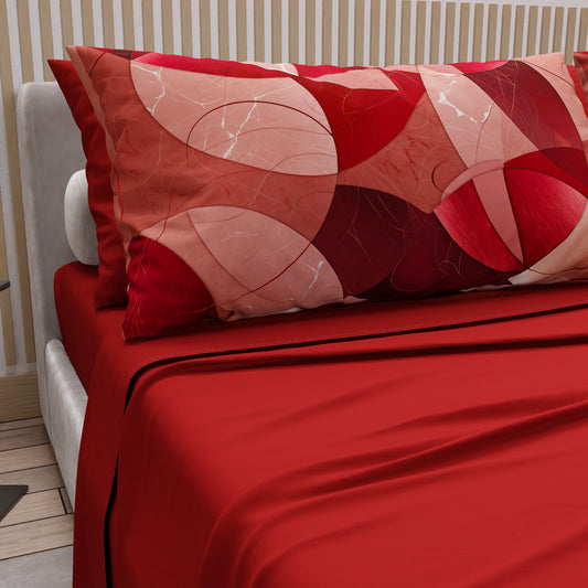 Lenzuola in Cotone, Completo Letto con Federe in Stampa Digitale Geo Cerchio Rosso