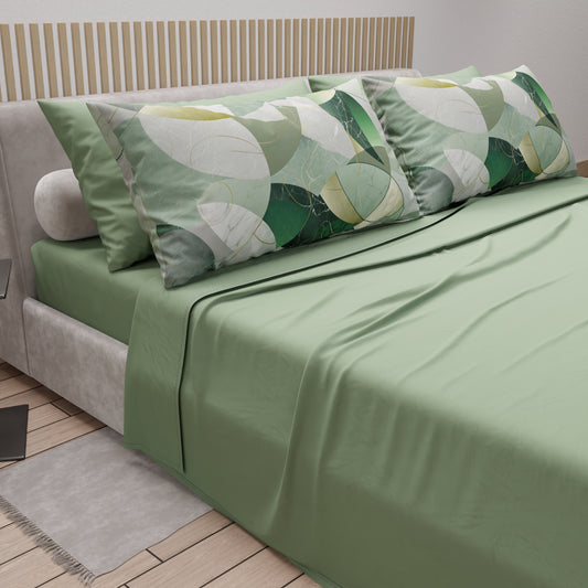Lenzuola in Cotone, Completo Letto con Federe in Stampa Digitale Geo Cerchio Salvia