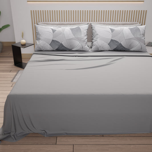 Lenzuola in Cotone, Completo Letto con Federe in Stampa Digitale Geo Cerchio Silver Grigio Chiaro