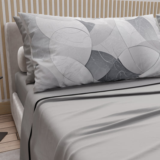 Lenzuola in Cotone, Completo Letto con Federe in Stampa Digitale Geo Cerchio Silver Grigio Chiaro