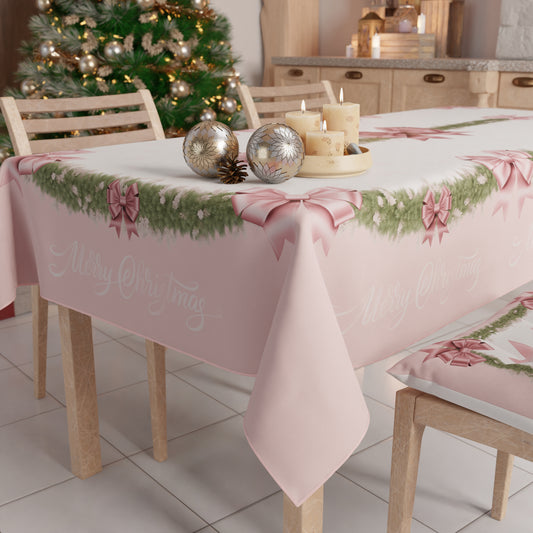 Tovaglia Natalizia Antimacchia Fiocco Rosa Piume Copritavolo Natale Made in Italy | PETTI