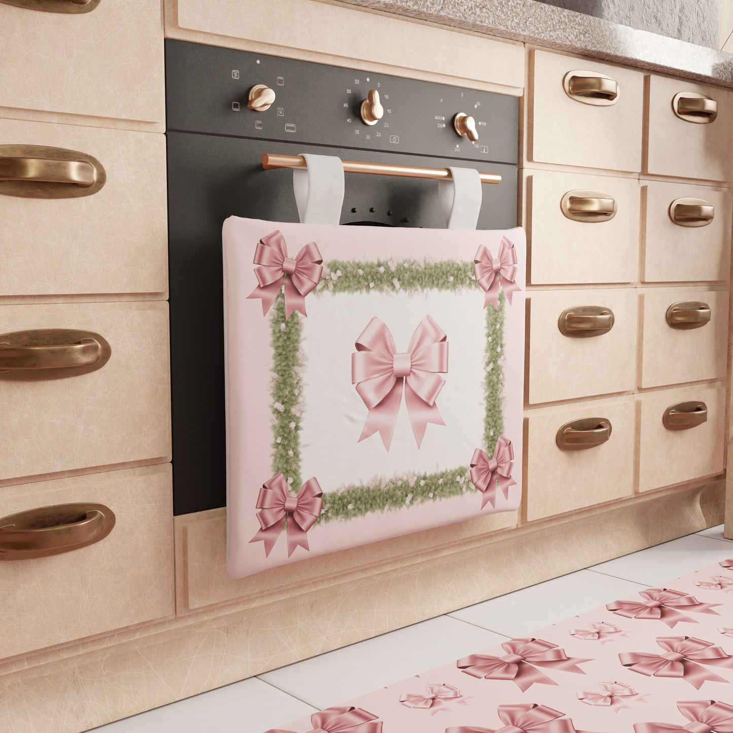 Copriforno Natalizio per Cucina in Stampa Digitale Fiocco Rosa Piume