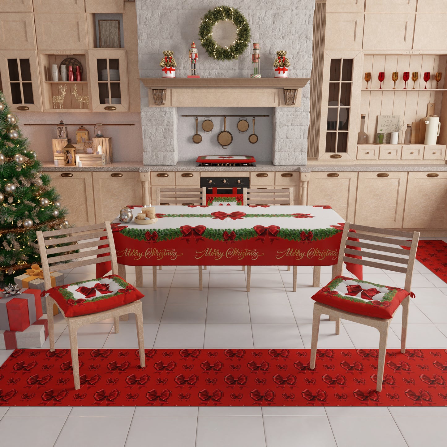 Tapis de cuisine de Noël antidérapant Tapis de cuisine de Noël lavable Noeud Rouge