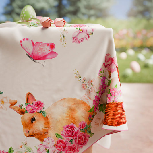 Tovaglia Pasquale da Tavola Antimacchia, Copritavolo Pasqua da Cucina Pink Bunny