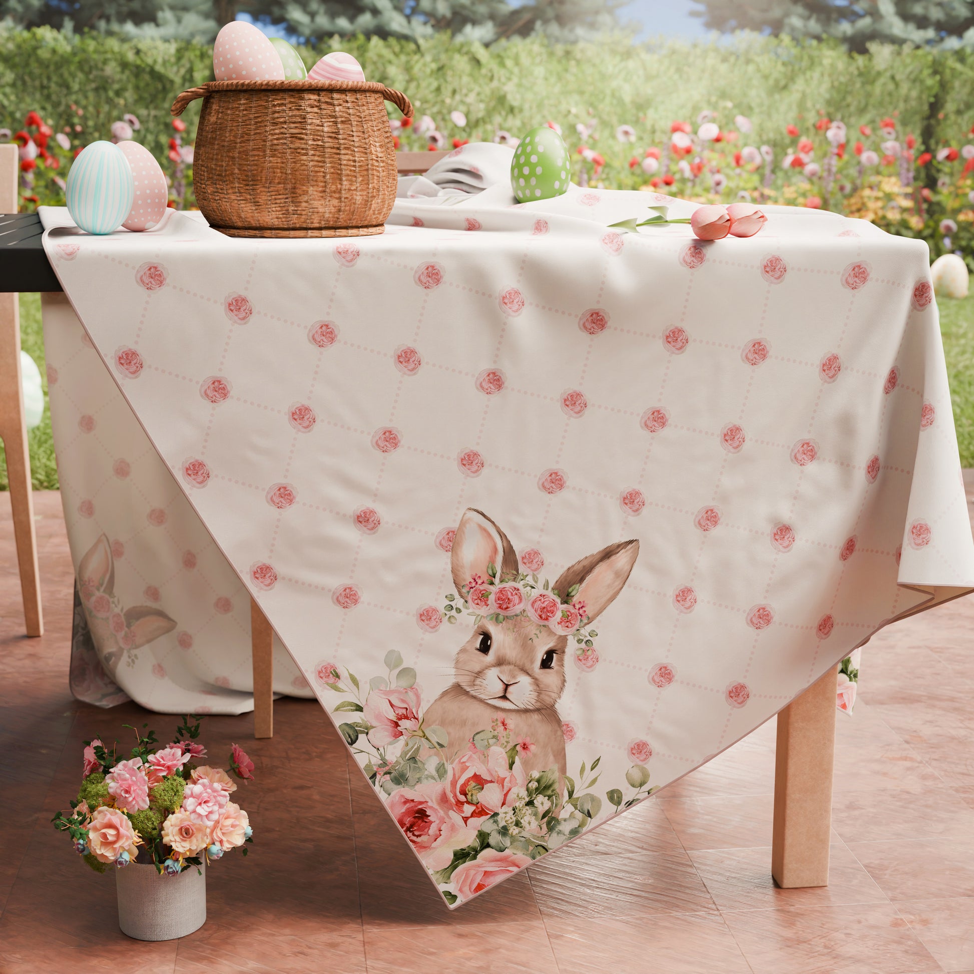 Tovaglia Pasquale Antimacchia Pink Rabbit Copritavolo Pasqua Made in Italy | PETTI