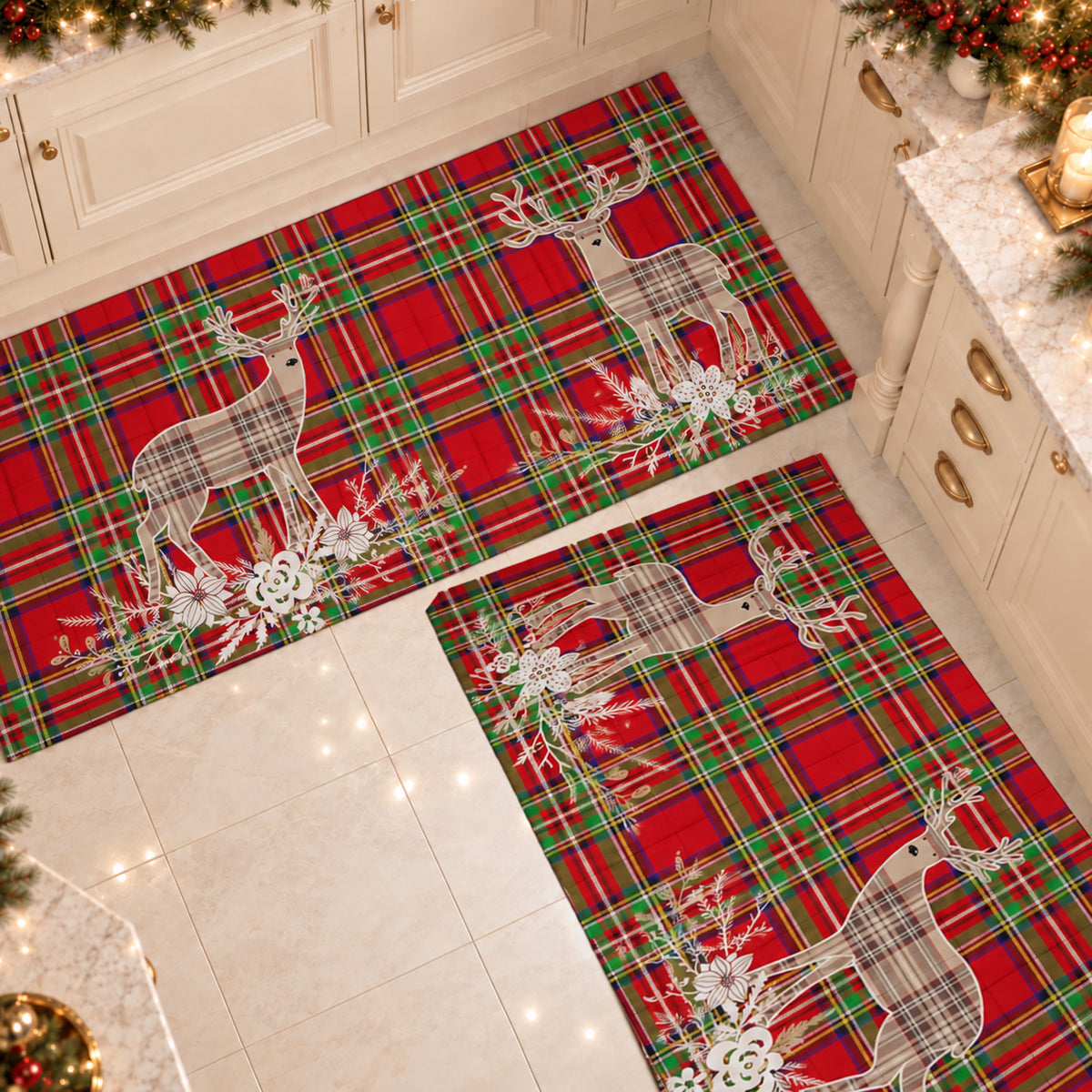 Tapis de Cuisine de Noël Antidérapant Coureur de Noël Lavable Renne Beige