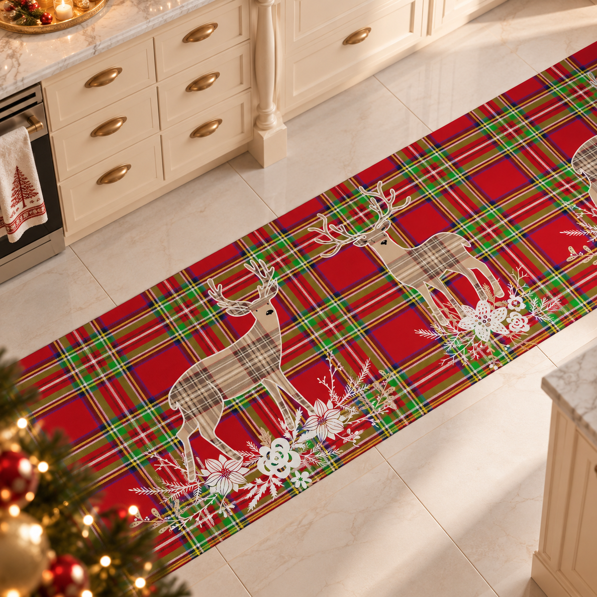 Tapis de Cuisine de Noël Antidérapant Coureur de Noël Lavable Renne Beige