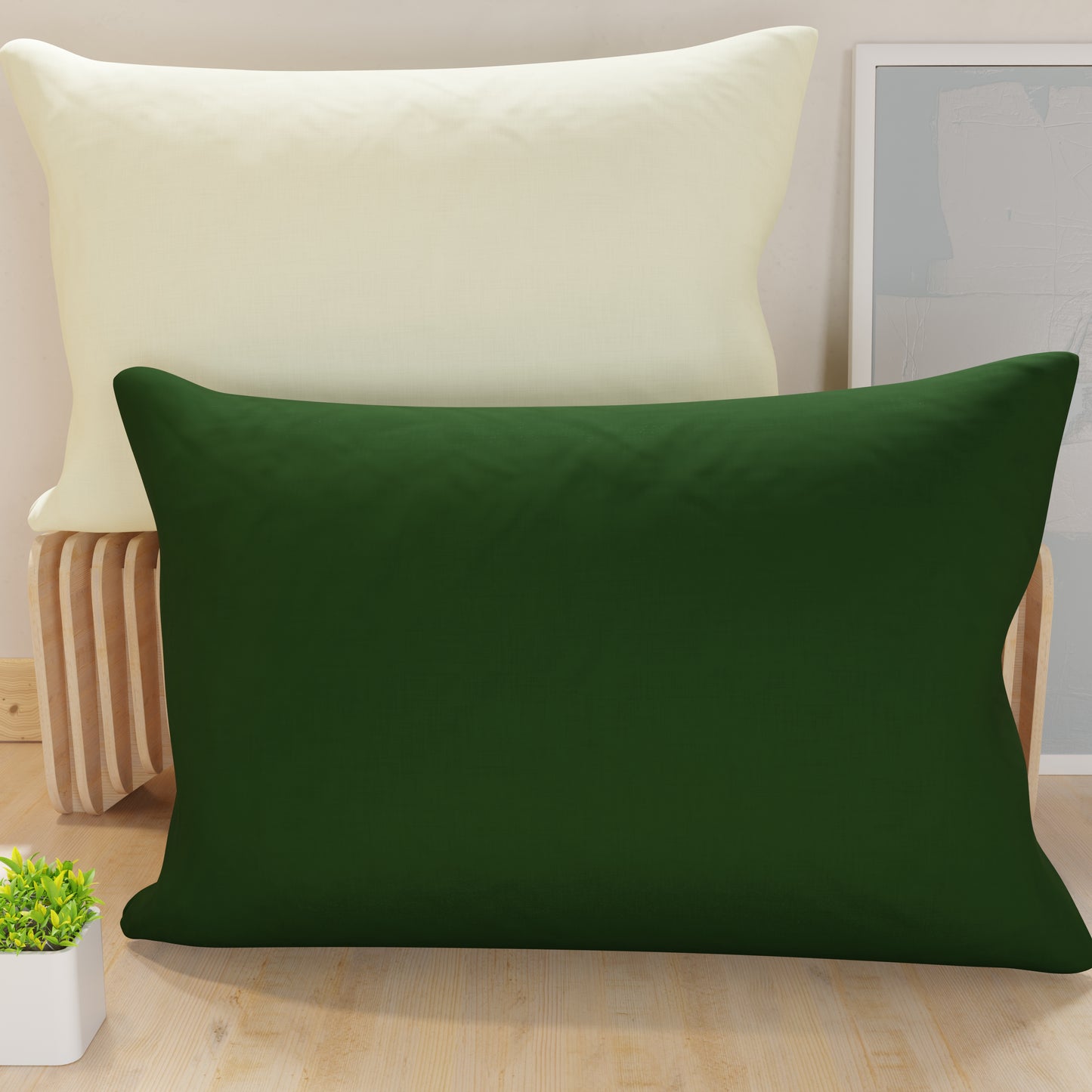 Taies d'oreiller, Paire de taies, Housses de coussin, 100% Microfibre Antiallergique Vert Olive/Crème