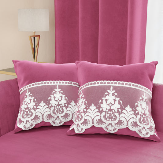 Coussins décoratifs en velours avec volant et dentelle rebrodée 2pcs, coussins de canapé fuchsia par Sissy
