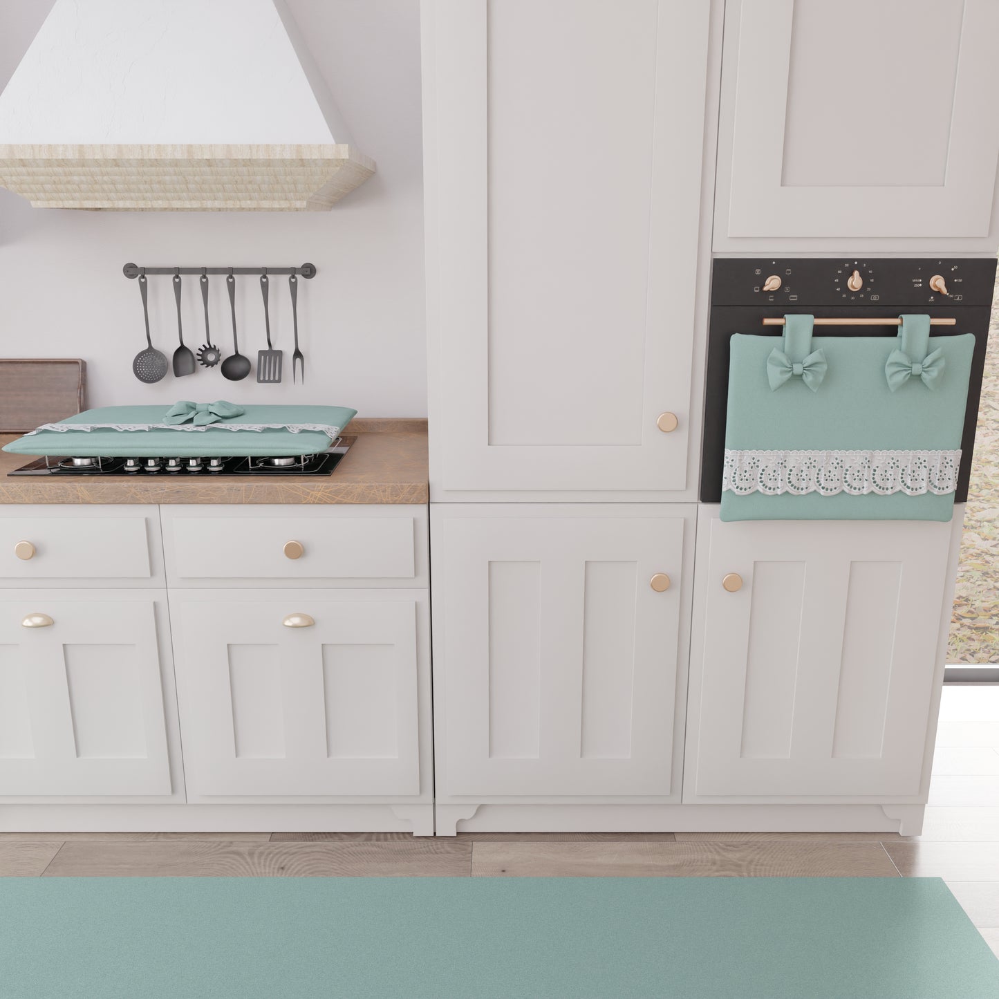 Copriforno Elegante Shabby Chic con Pizzo e Fiocchi Verde Acqua