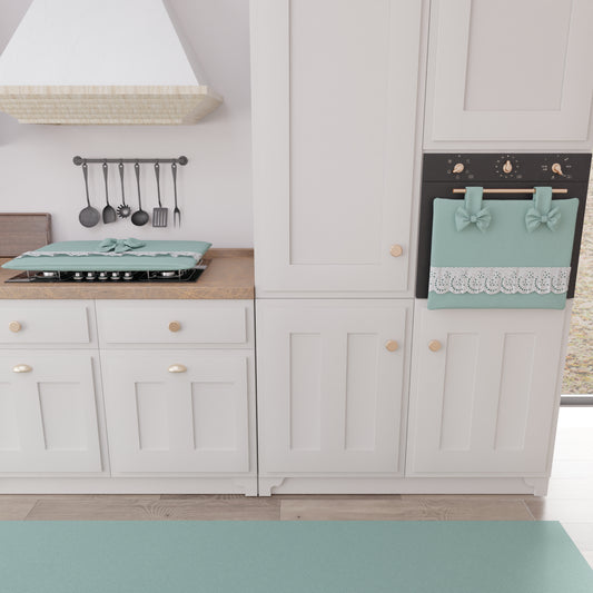 Copriforno Elegante Shabby Chic con Pizzo e Fiocchi Verde Acqua