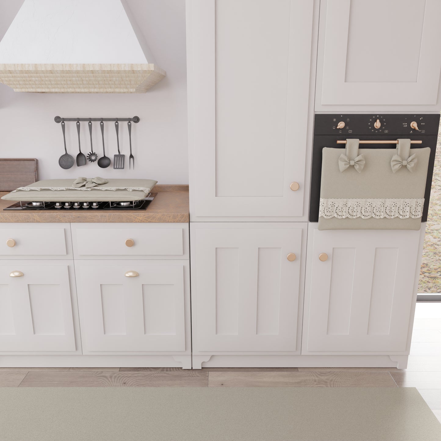 Copriforno Elegante Shabby Chic con Pizzo e Fiocchi Beige