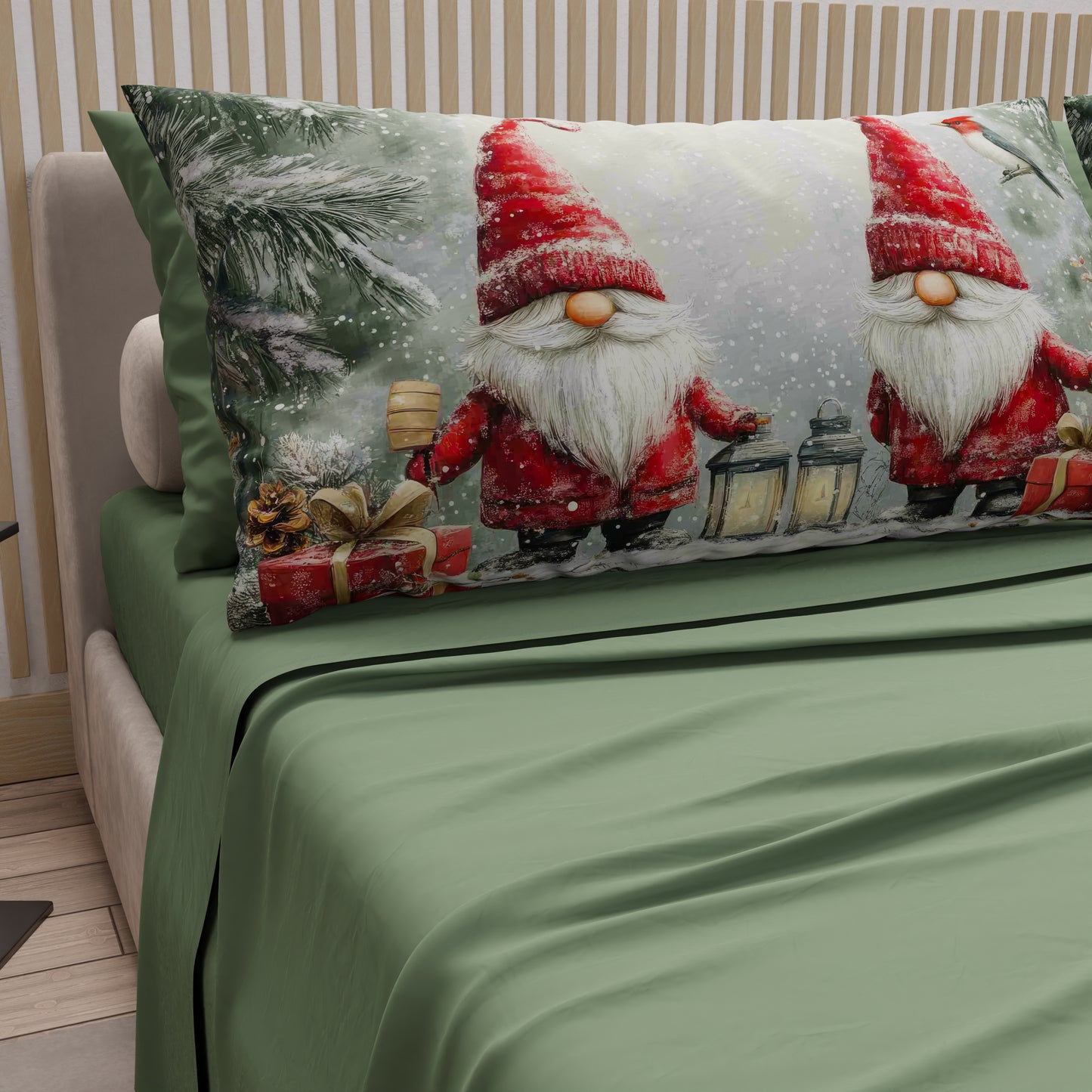 Draps de Noël en coton, parure de lit avec taies d'oreiller en impression numérique Gnome 02