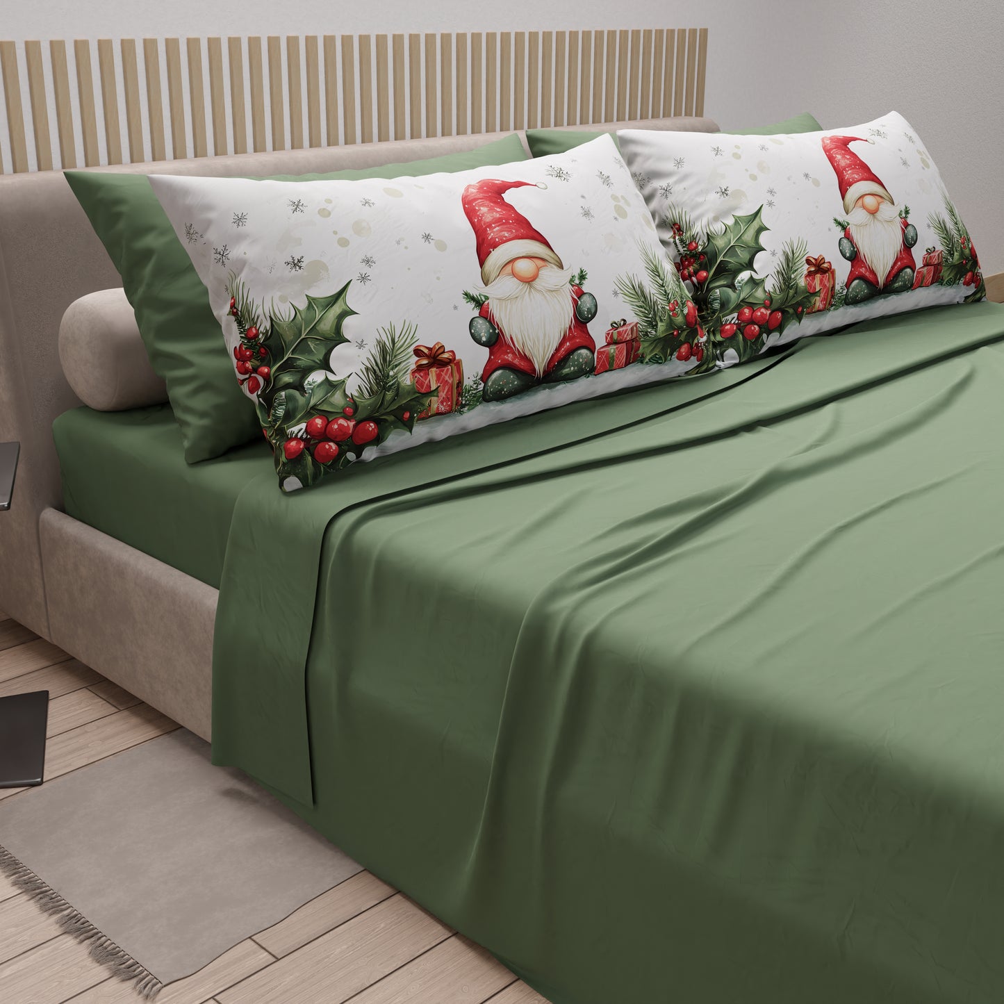 Draps de Noël en coton, parure de lit avec taies d'oreiller en impression numérique Gnome 01