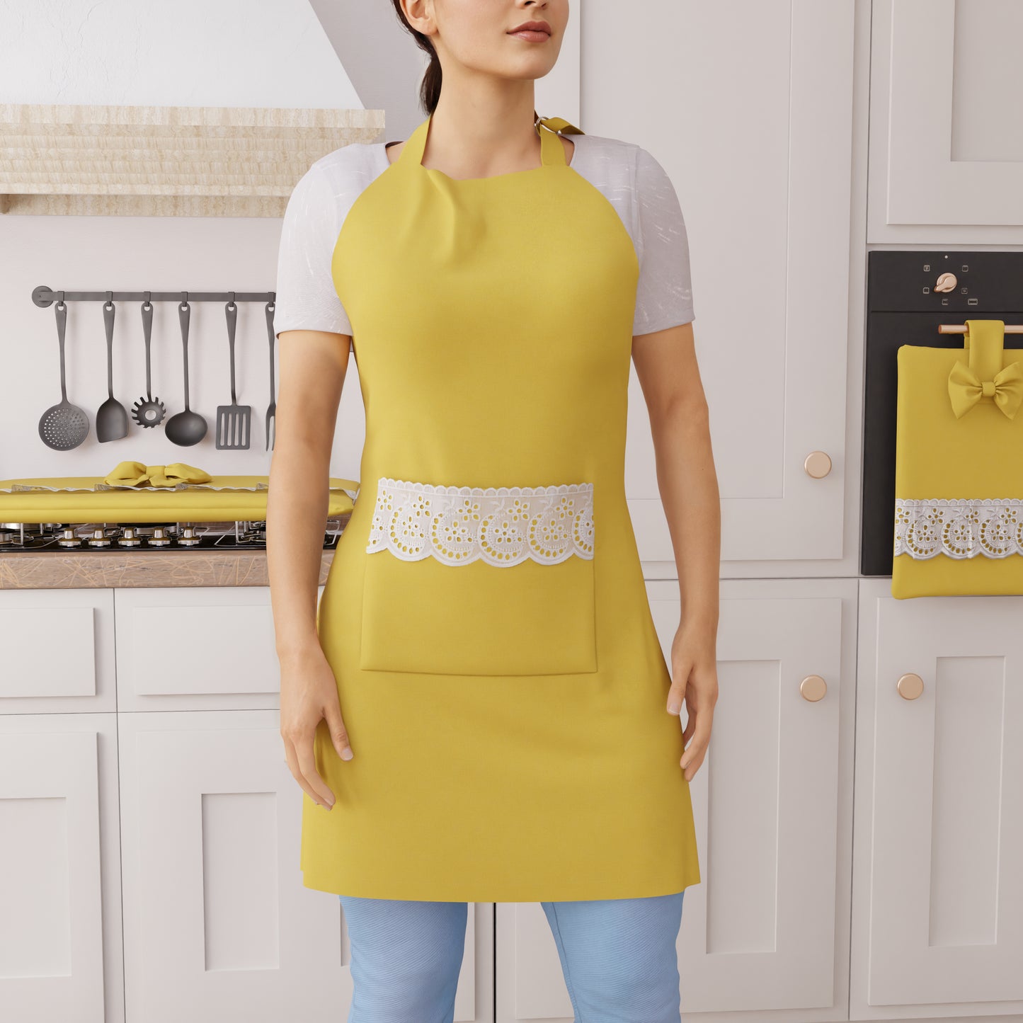 Tablier de Cuisine en Coton avec Dentelle Sangallo Jaune