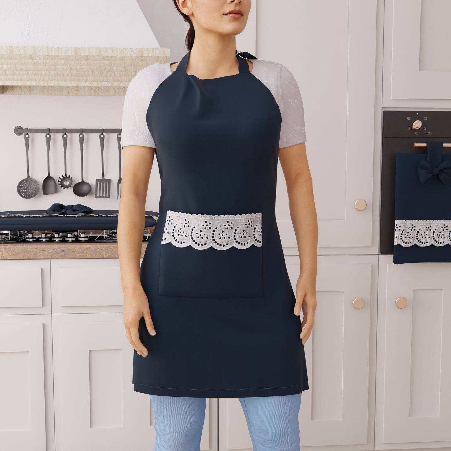 Tablier de Cuisine en Coton avec Dentelle Sangallo Bleu Nuit