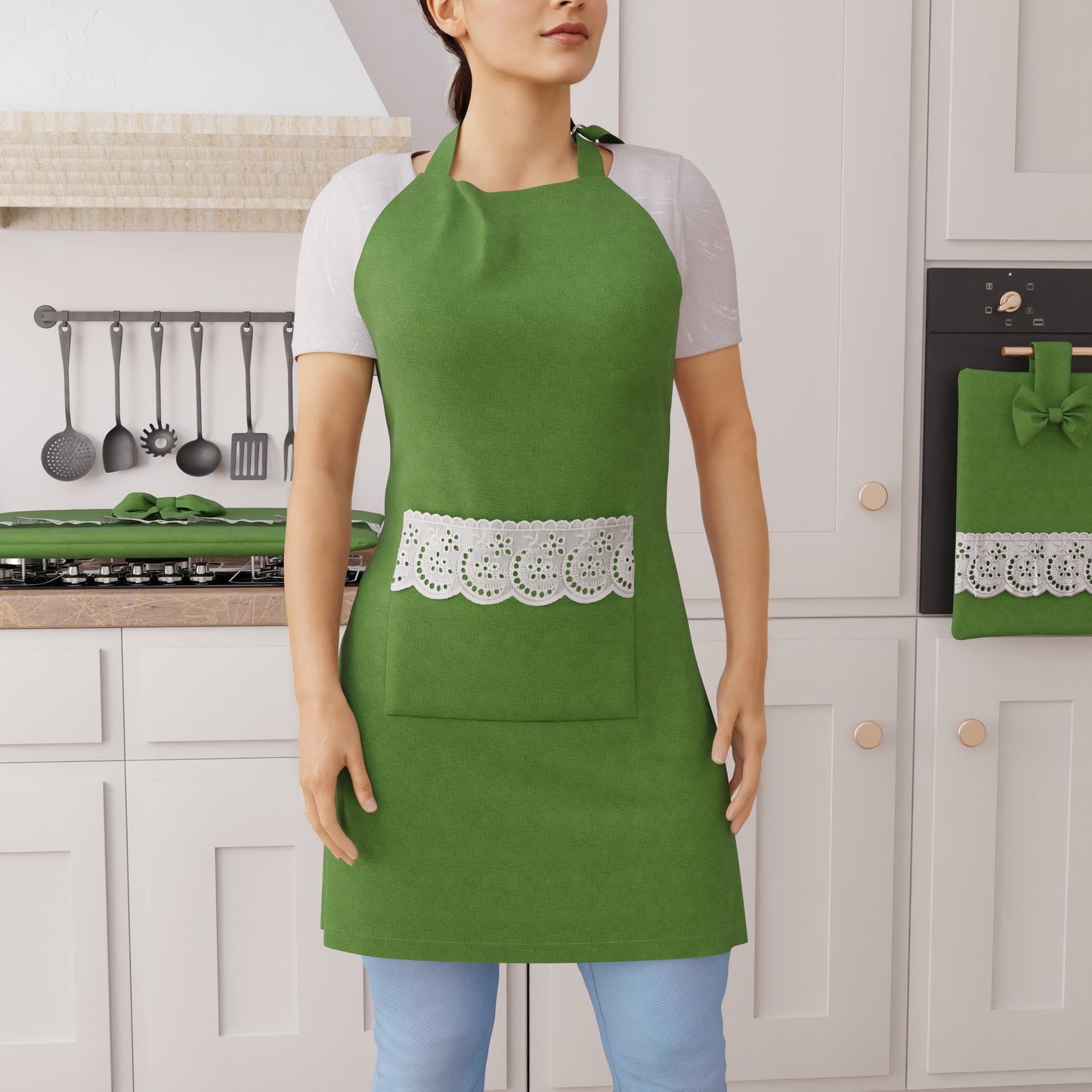 Tablier de Cuisine en Coton avec Dentelle Sangallo Vert