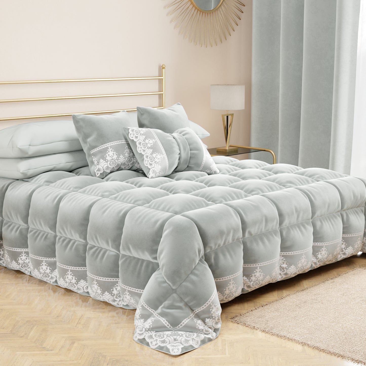 Coussins décoratifs en velours avec volant et dentelle rebrodée 2pcs, coussins de canapé gris clair par Sissy