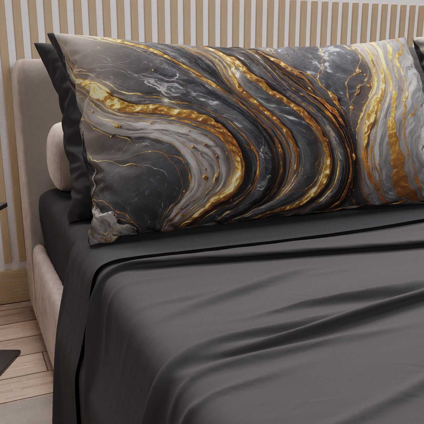 Draps en Coton, Parure de Lit avec Taies d'Oreiller en Impression Digitale Marbre Gris Foncé