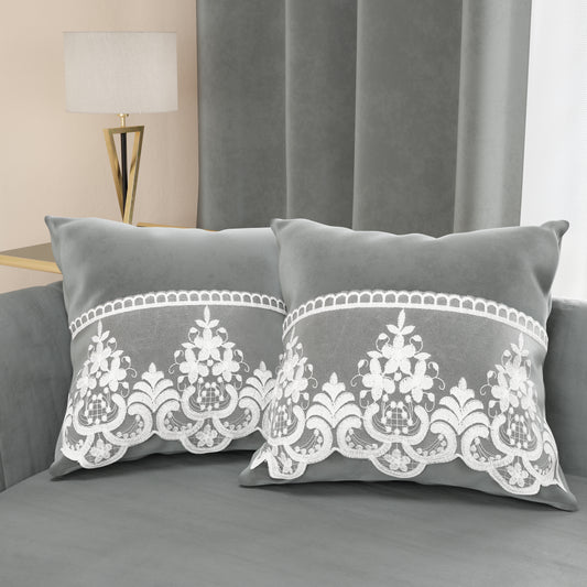 Cuscini Arredo in Velluto e Balza con Pizzo Rebrodè 2pz, Cuscini divano Grigio Scuro By Sissy