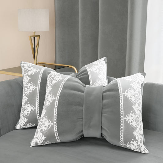 Cuscino Arredo Fiocco in Velluto e Balza con Pizzo Rebrodè 40x50 cm, Cuscino divano Grigio Scuro By Sissy