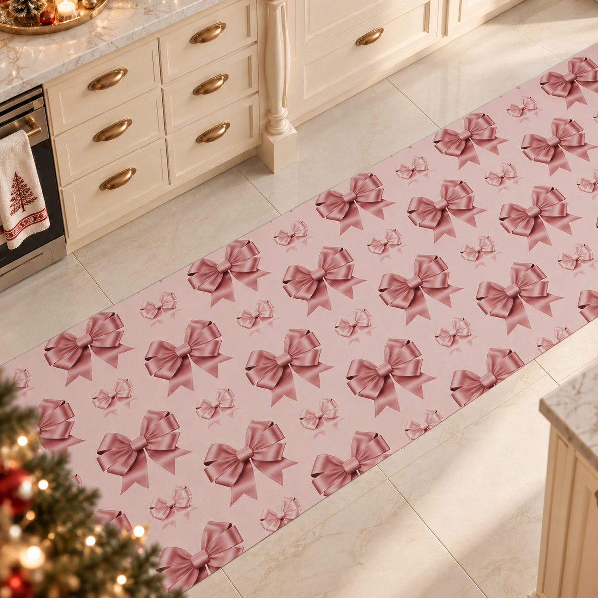 Tappeto Cucina Natalizio Antiscivolo Passatoia Natalizia Cucina lavabile Fiocco Rosa Piume