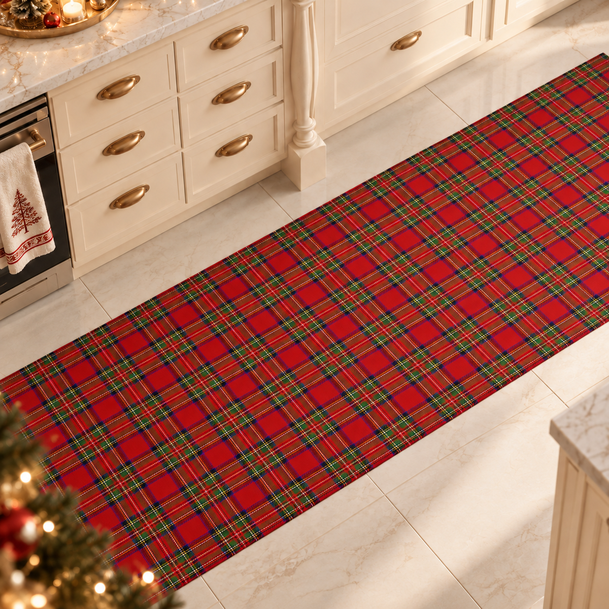 Tappeto Cucina Natalizio Antiscivolo Passatoia Natalizia Cucina lavabile Fiocco Tartan, Fantasia Scozzese