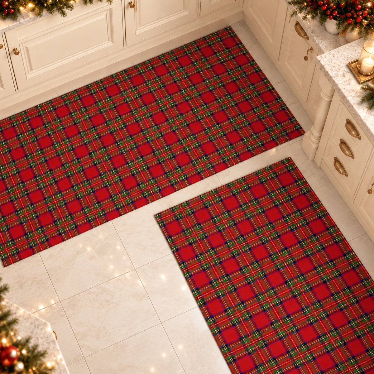 Tappeto Cucina Natalizio Antiscivolo Passatoia Natalizia Cucina lavabile Fiocco Tartan, Fantasia Scozzese