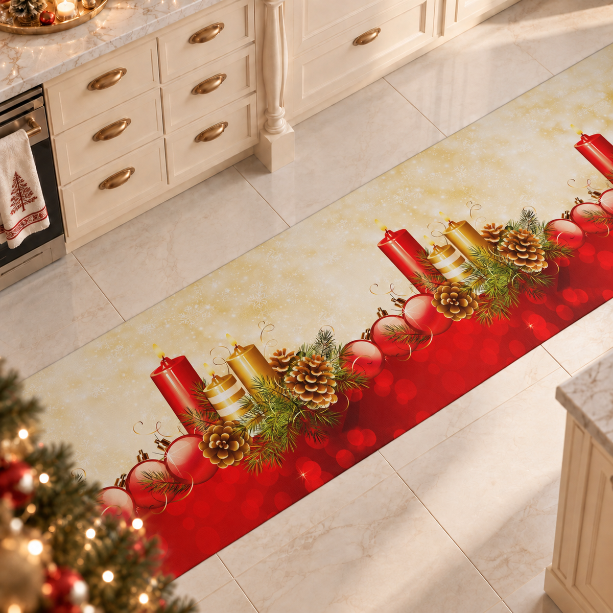 Non-slip Christmas Kitchen Rug Christmas Runner Washable Kitchen, Candles