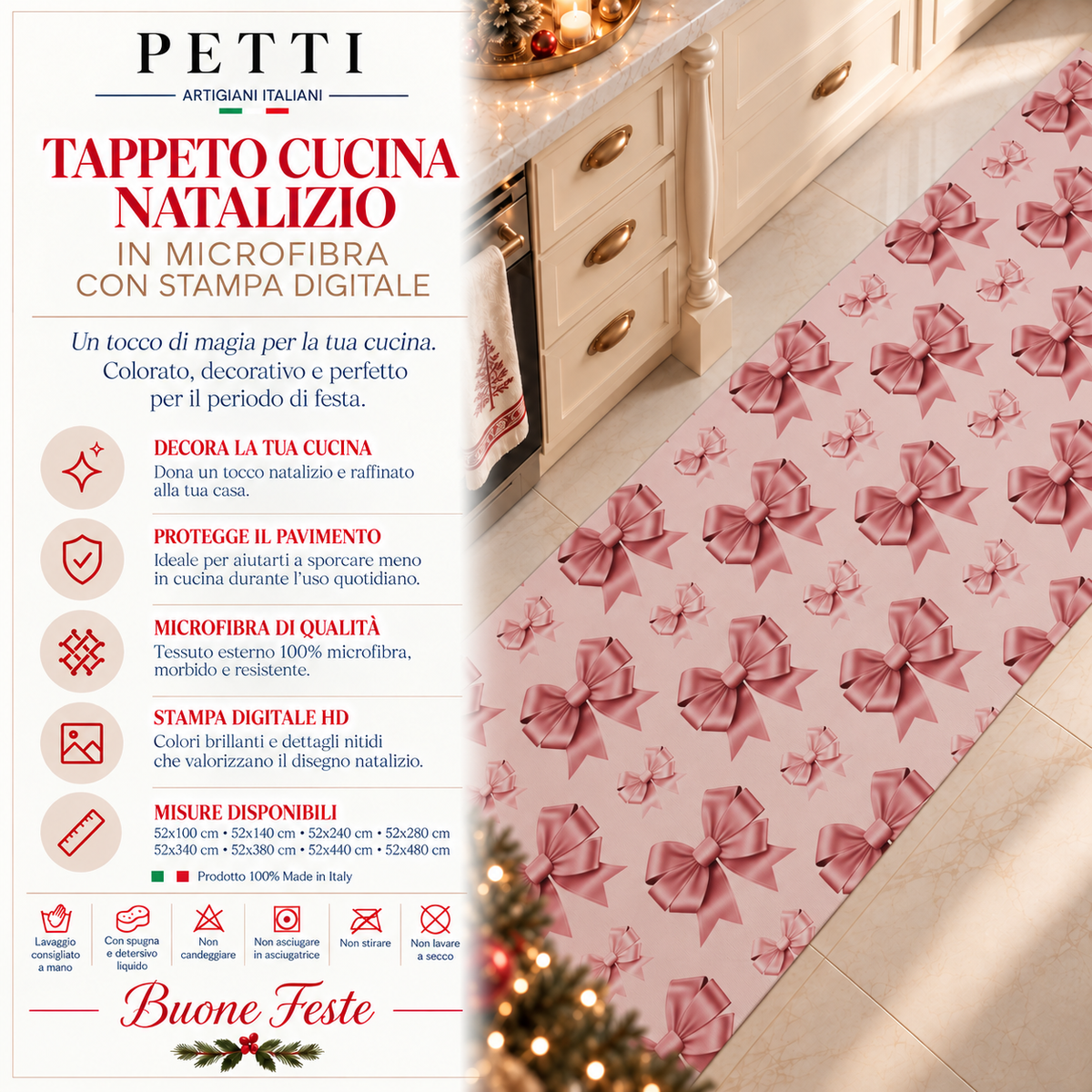 Tappeto Cucina Natalizio Antiscivolo Passatoia Natalizia Cucina lavabile Fiocco Rosa Piume