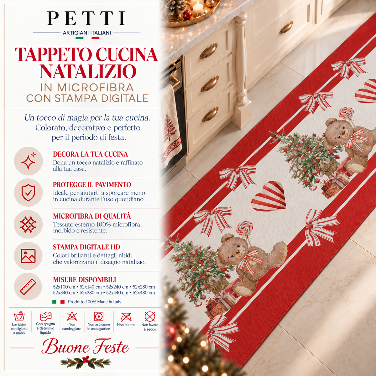 Tappeto Cucina Natalizio Antiscivolo Passatoia Natalizia Cucina lavabile Orsetto Rosso