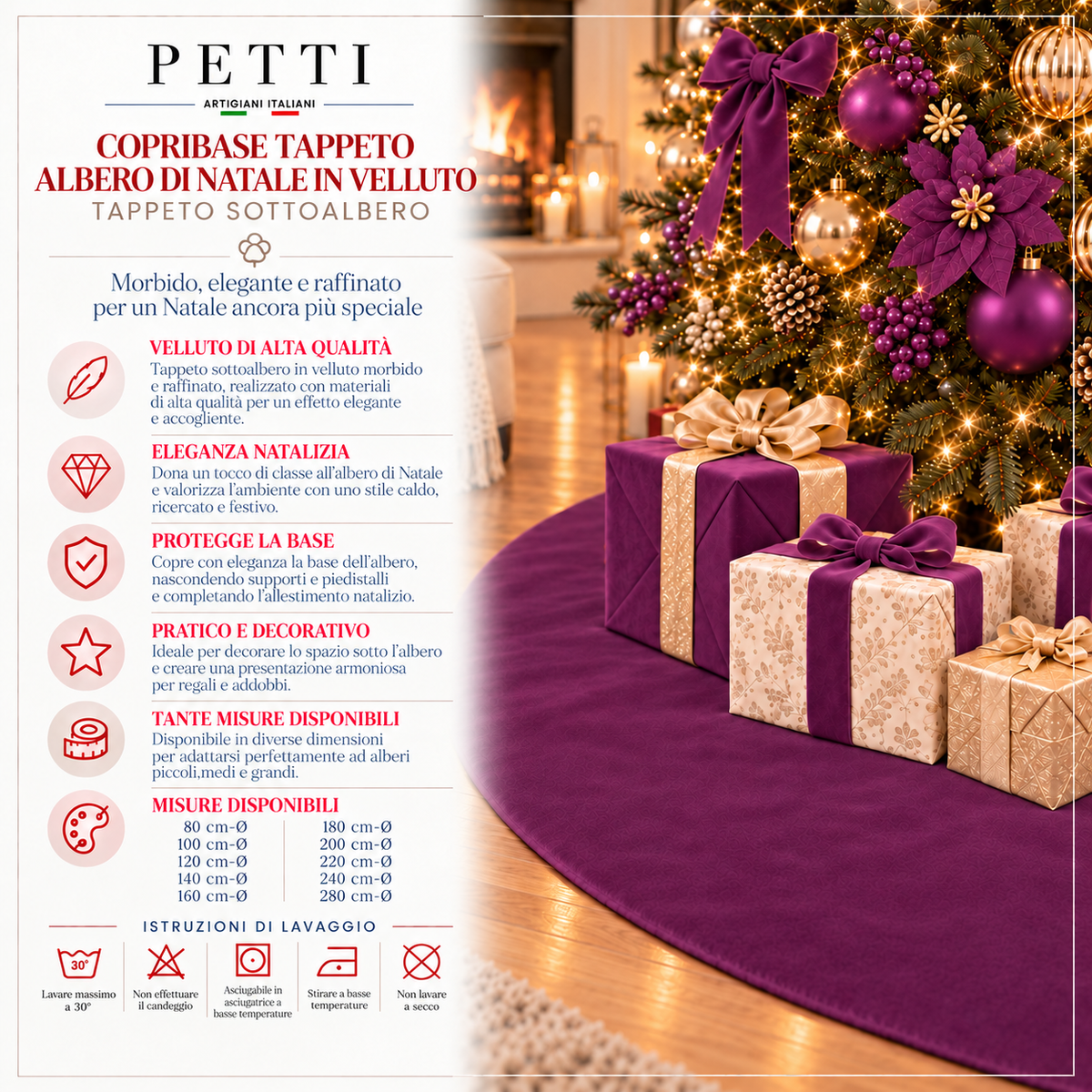 Copribase Tappeto Albero di Natale in Velluto Prugna