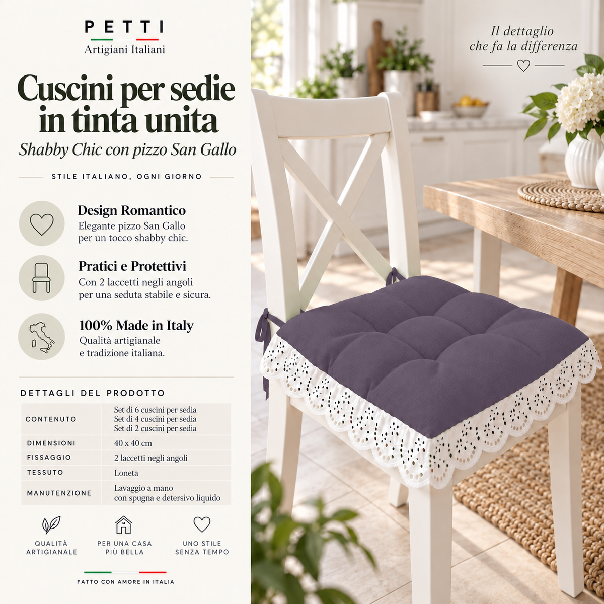 Cuscini per Sedie Quattro Punti in Tinta Unita Shabby Chic con Pizzo San Gallo Malva