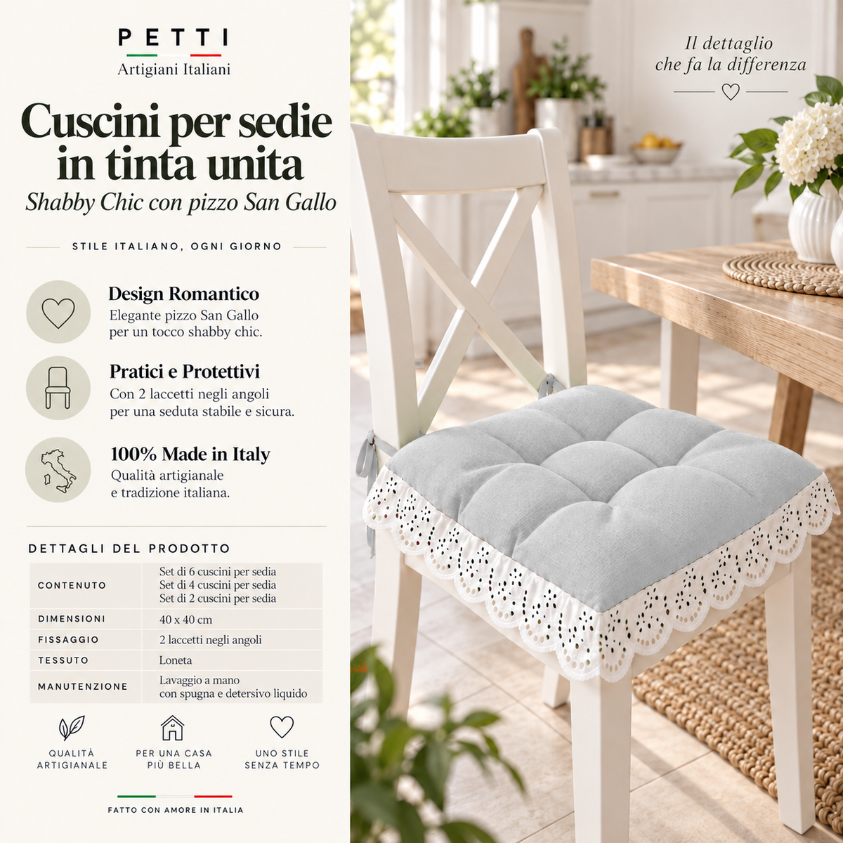 Cuscini per Sedie Quattro Punti in Tinta Unita Shabby Chic con Pizzo San Gallo Grigio Chiaro