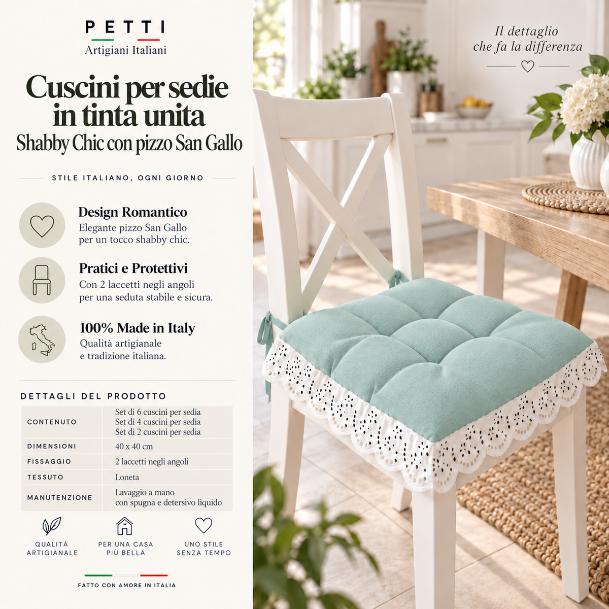Cuscini per Sedie Quattro Punti in Tinta Unita Shabby Chic con Pizzo San Gallo Verde Acqua