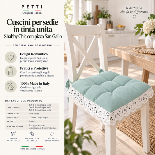 Cuscini per Sedie Quattro Punti in Tinta Unita Shabby Chic con Pizzo San Gallo Verde Acqua